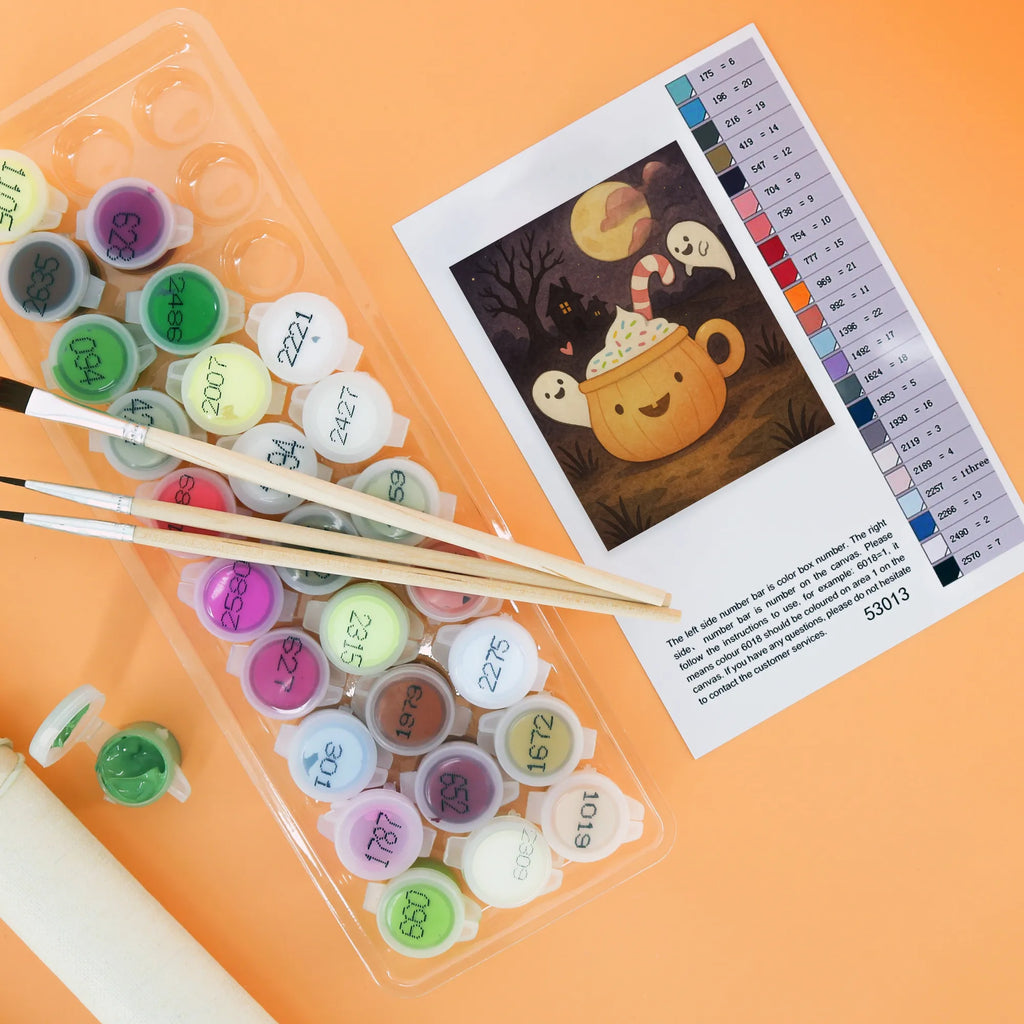 Malen nach Zahlen Kaffee Gespenst Design Kunstwerk, Malen nach Zahlen, Ausmalbild, Baseln, DIY, Malen, Künstler, Bastelidee, Kreativität, Halloween, Deko, Martinssingen, Dekoration, Geschenke, Schenken, Halloween Deko, Süßes sonst gibt's saures, Pumpkin spiced Latte, Kaffee, Gespenst, Trick or Treat