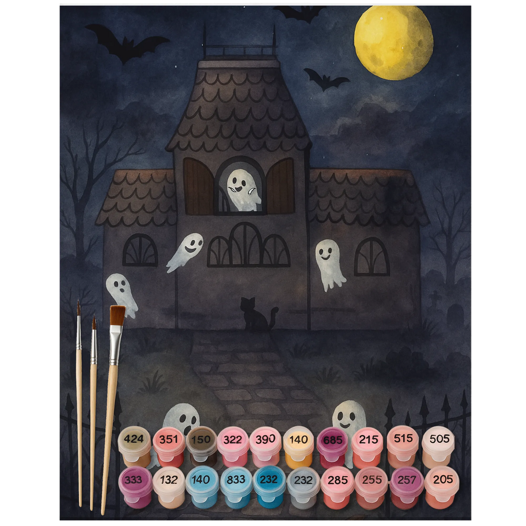Paint by Numbers Ghosts Villa Design Kreativität, Baseln, Kunstwerk, Malen, Künstler, DIY, Ausmalbild, Malen nach Zahlen, Bastelidee, Halloween, Deko, Martinssingen, Dekoration, Geschenke, Schenken