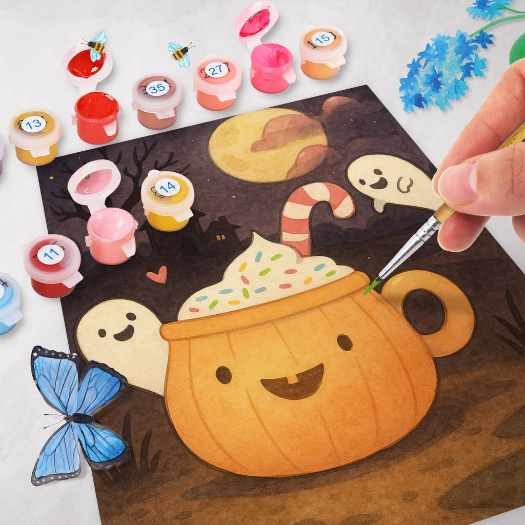 Malen nach Zahlen Kaffee Gespenst Design Kunstwerk, Malen nach Zahlen, Ausmalbild, Baseln, DIY, Malen, Künstler, Bastelidee, Kreativität, Halloween, Deko, Martinssingen, Dekoration, Geschenke, Schenken, Halloween Deko, Süßes sonst gibt's saures, Pumpkin spiced Latte, Kaffee, Gespenst, Trick or Treat