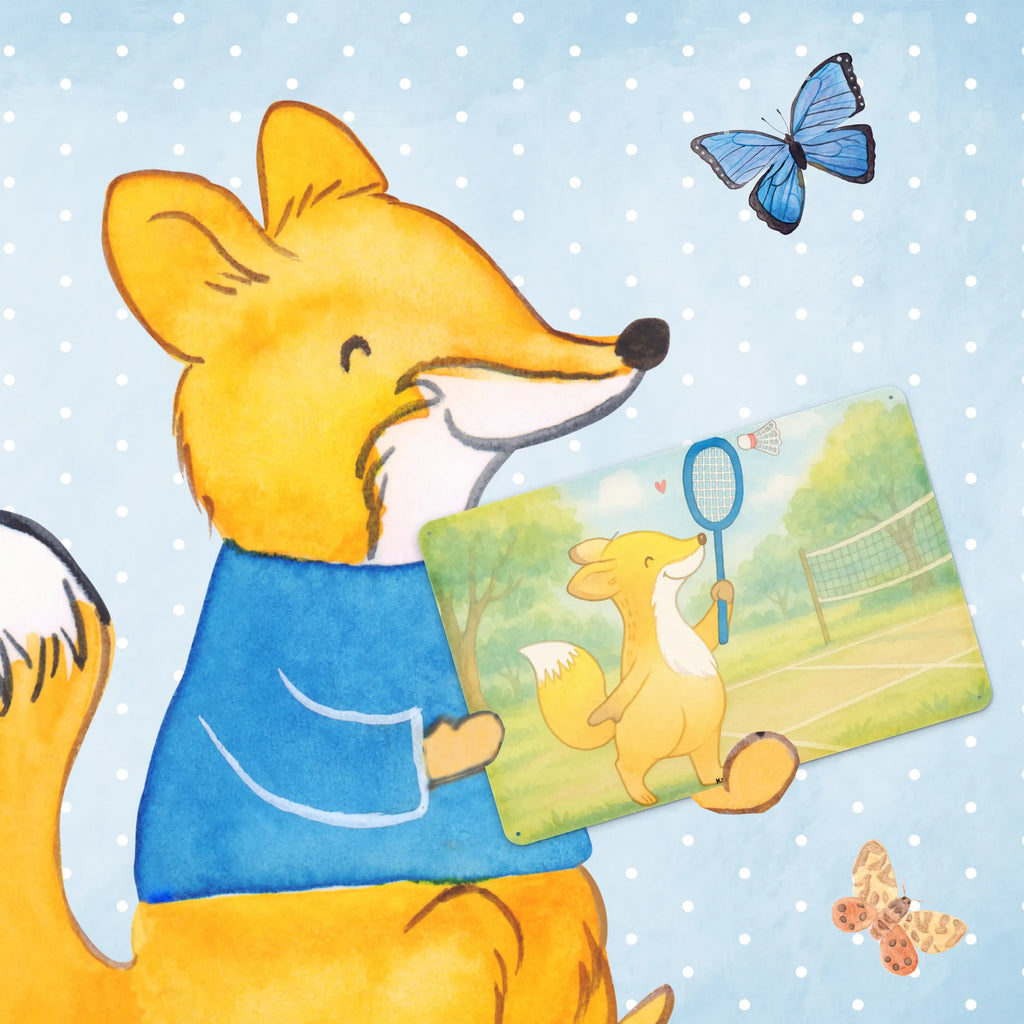 Tin sign Fox play badminton Design Gift, giving, thank you, award, profit, athlete, Play shuttlecock