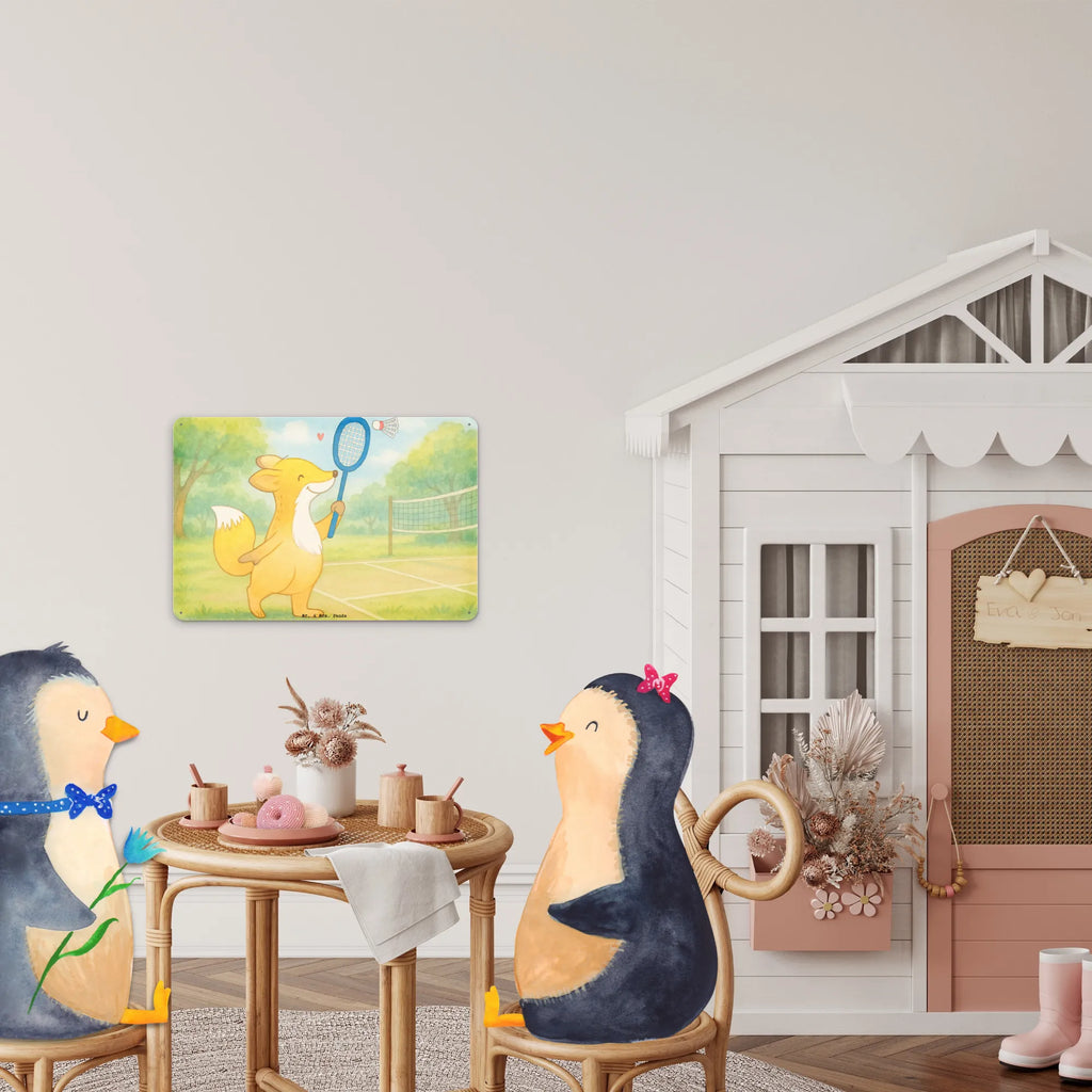 Tin sign Fox play badminton Design Gift, giving, thank you, award, profit, athlete, Play shuttlecock