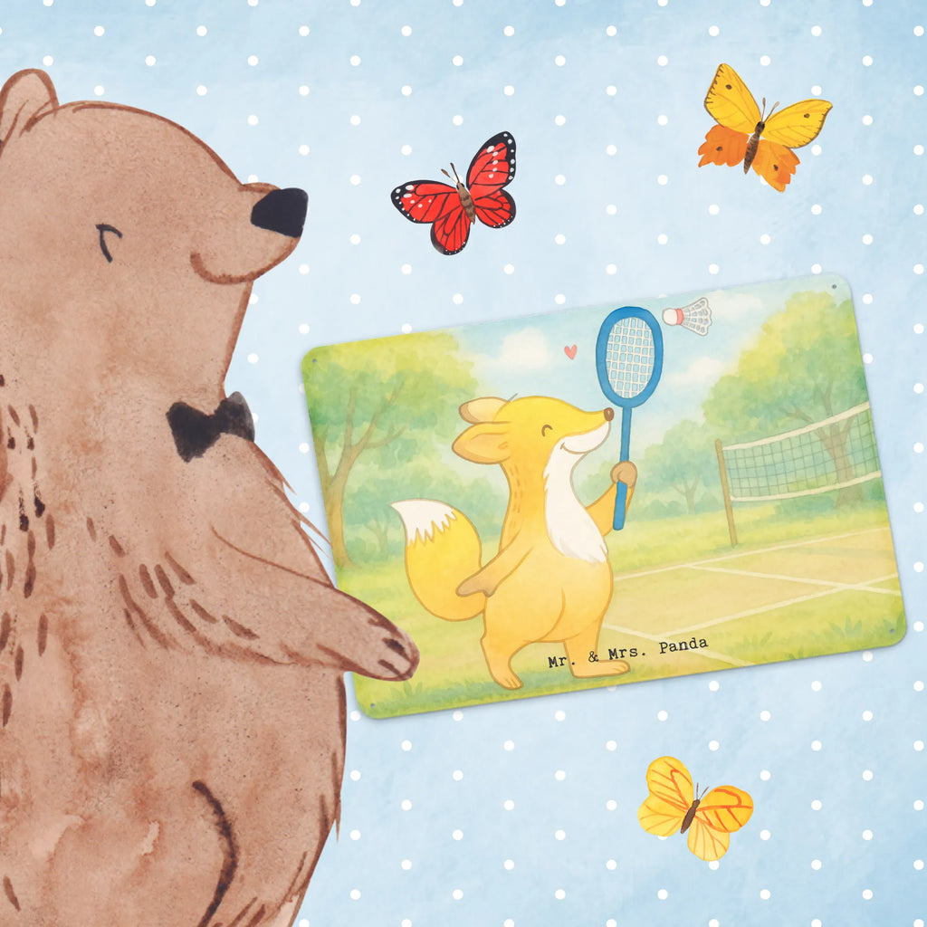 Tin sign Fox play badminton Design Gift, giving, thank you, award, profit, athlete, Play shuttlecock