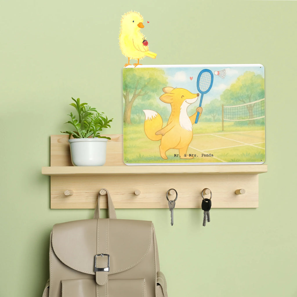 Tin sign Fox play badminton Design Gift, giving, thank you, award, profit, athlete, Play shuttlecock