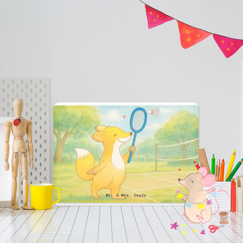 Tin sign Fox play badminton Design Gift, giving, thank you, award, profit, athlete, Play shuttlecock