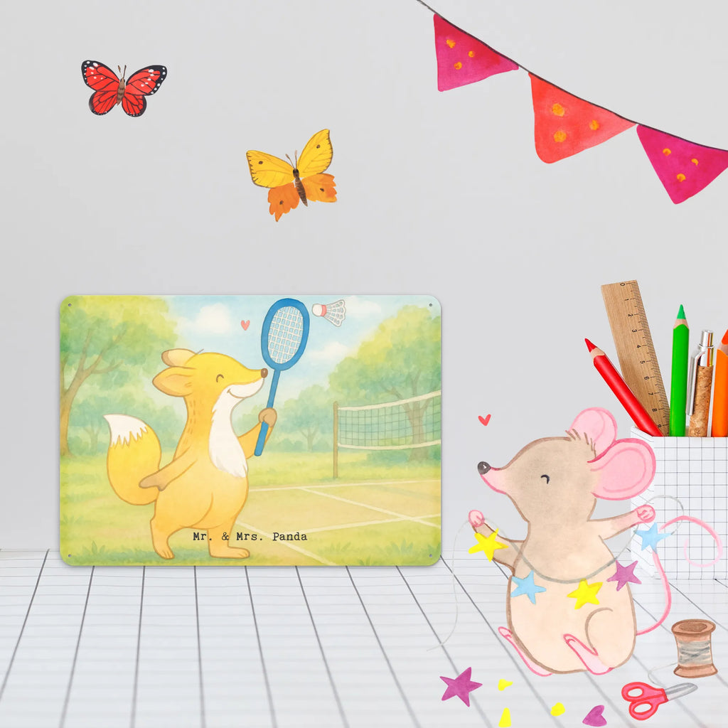 Tin sign Fox play badminton Design Gift, giving, thank you, award, profit, athlete, Play shuttlecock