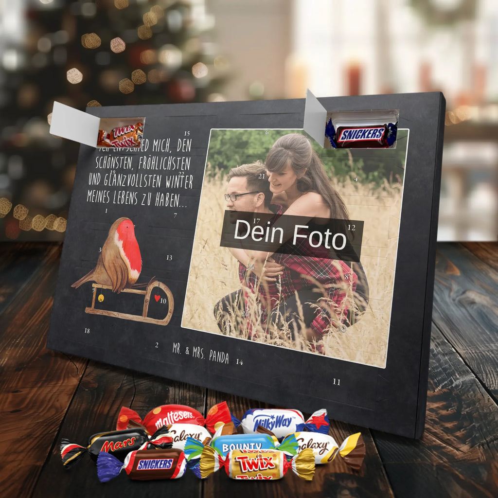 Personalisierter Schoko Foto Adventskalender Rotkehlchen Schlitten Personalisierter Schoko Foto Adventskalender, Winter, Wintermotiv, Advent, Nikolaus, Weihnachten, Weihnachtsdeko, Heiligabend, Vogel, Schlitten