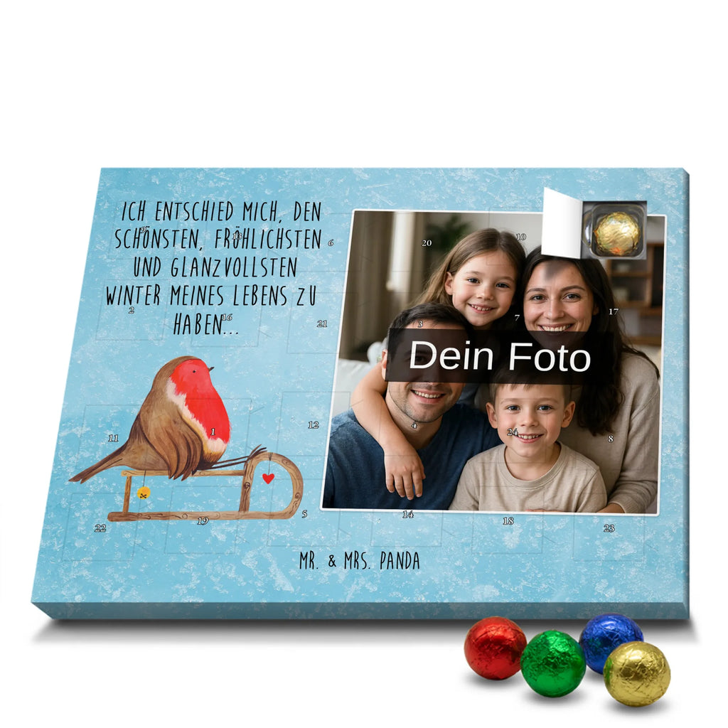 Personalisierter Schoko Foto Adventskalender Rotkehlchen Schlitten Personalisierter Schoko Foto Adventskalender, Winter, Wintermotiv, Advent, Nikolaus, Weihnachten, Weihnachtsdeko, Heiligabend, Vogel, Schlitten