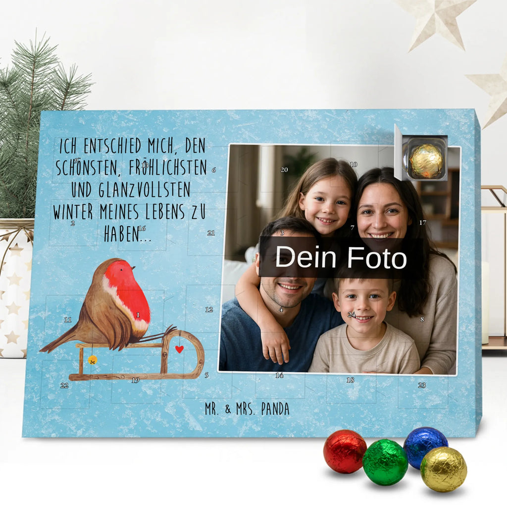 Personalisierter Schoko Foto Adventskalender Rotkehlchen Schlitten Personalisierter Schoko Foto Adventskalender, Winter, Wintermotiv, Advent, Nikolaus, Weihnachten, Weihnachtsdeko, Heiligabend, Vogel, Schlitten