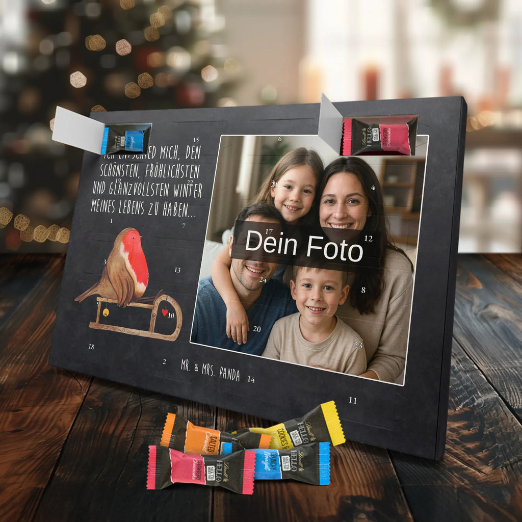 Personalisierter Schoko Foto Adventskalender Rotkehlchen Schlitten Personalisierter Schoko Foto Adventskalender, Winter, Wintermotiv, Advent, Nikolaus, Weihnachten, Weihnachtsdeko, Heiligabend, Vogel, Schlitten