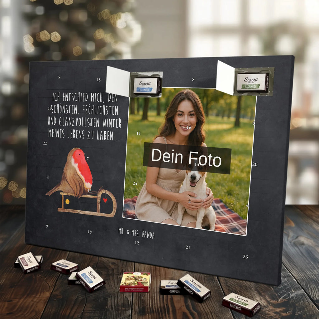 Personalisierter Schoko Foto Adventskalender Rotkehlchen Schlitten Personalisierter Schoko Foto Adventskalender, Winter, Wintermotiv, Advent, Nikolaus, Weihnachten, Weihnachtsdeko, Heiligabend, Vogel, Schlitten