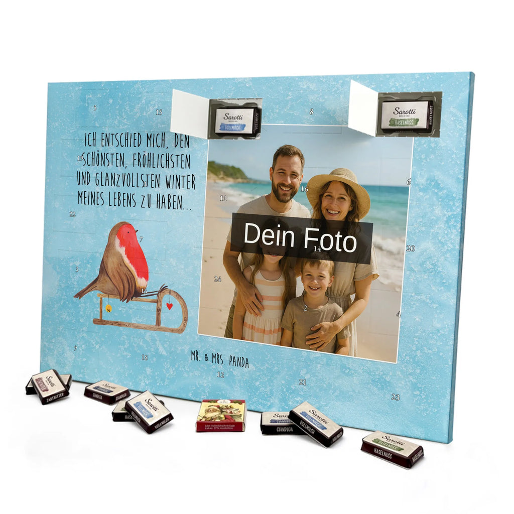 Personalisierter Schoko Foto Adventskalender Rotkehlchen Schlitten Personalisierter Schoko Foto Adventskalender, Winter, Wintermotiv, Advent, Nikolaus, Weihnachten, Weihnachtsdeko, Heiligabend, Vogel, Schlitten