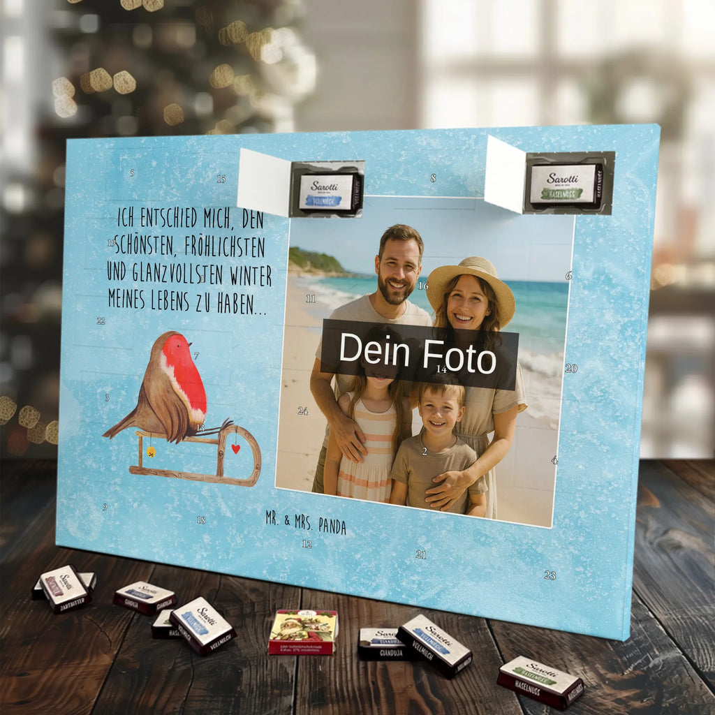 Personalisierter Schoko Foto Adventskalender Rotkehlchen Schlitten Personalisierter Schoko Foto Adventskalender, Winter, Wintermotiv, Advent, Nikolaus, Weihnachten, Weihnachtsdeko, Heiligabend, Vogel, Schlitten