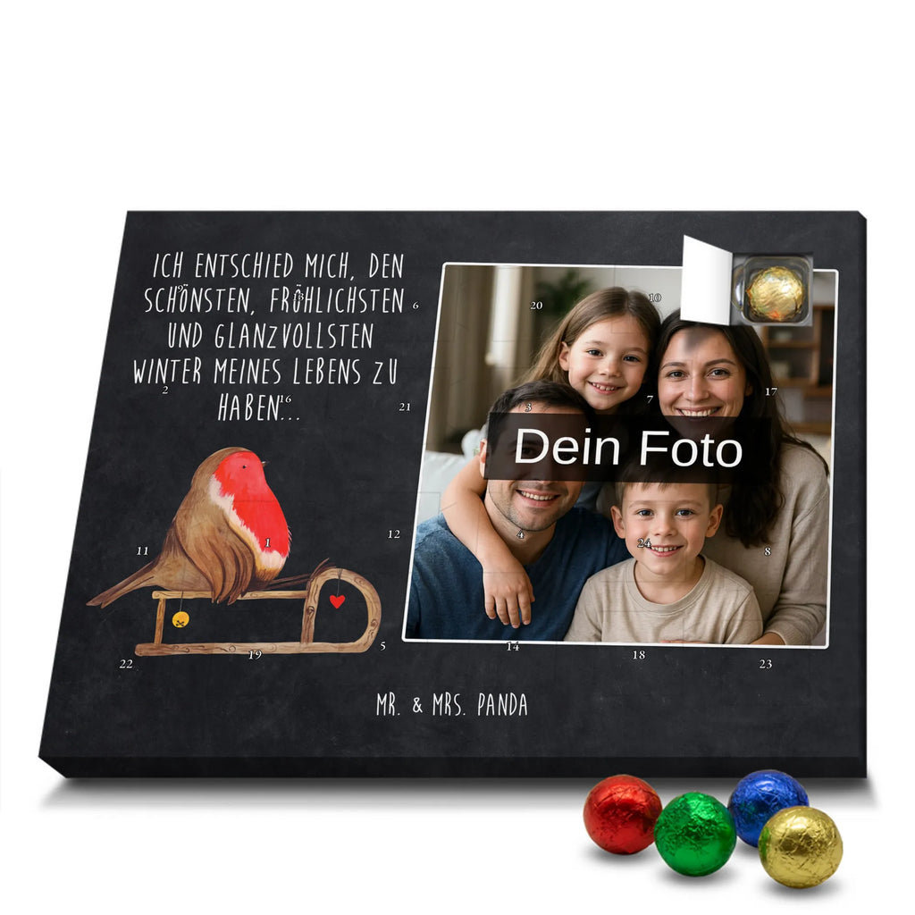 Personalisierter Schoko Foto Adventskalender Rotkehlchen Schlitten Personalisierter Schoko Foto Adventskalender, Winter, Wintermotiv, Advent, Nikolaus, Weihnachten, Weihnachtsdeko, Heiligabend, Vogel, Schlitten