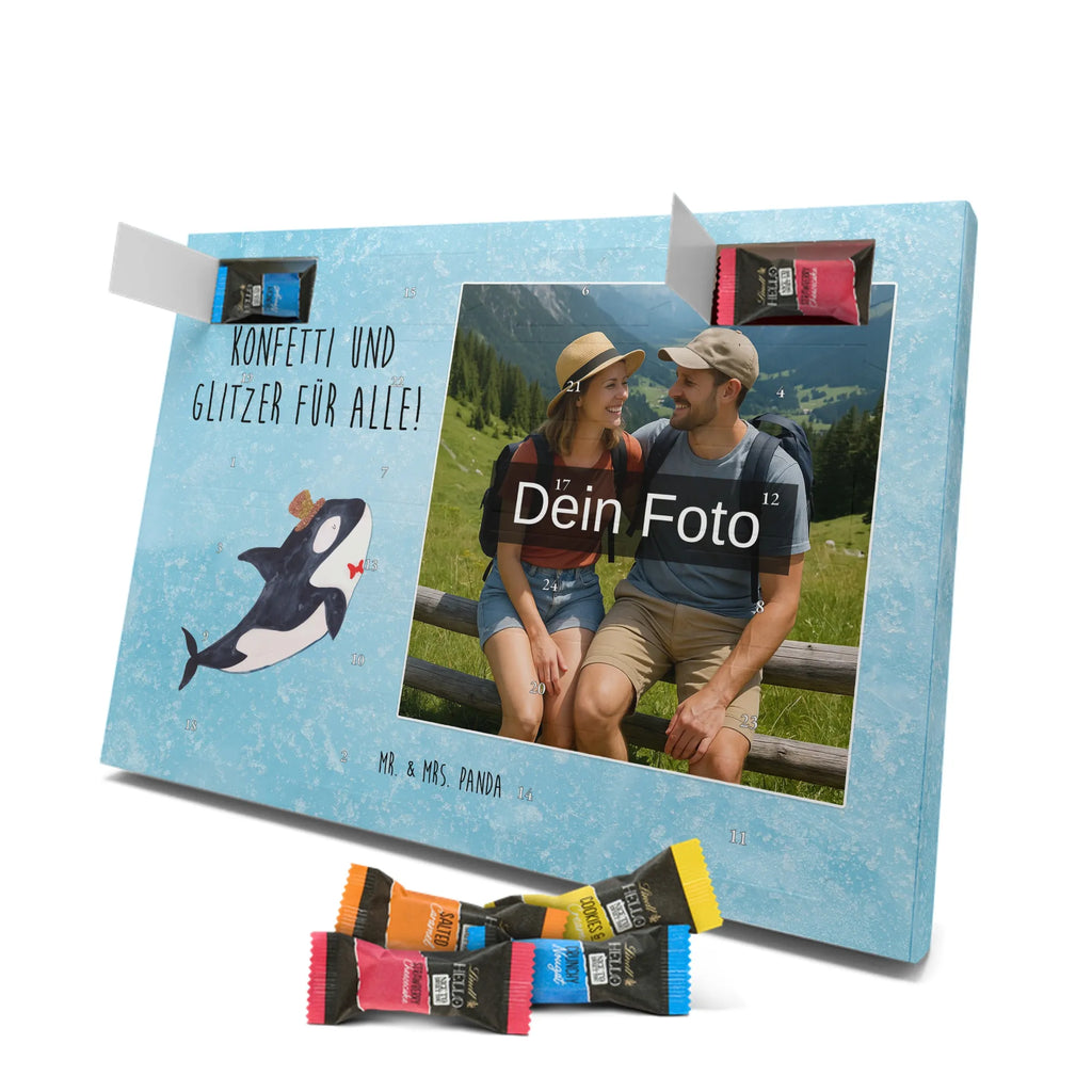 Personalisierter Schoko Foto Adventskalender Orca Zylinder Personalisierter Schoko Foto Adventskalender, Meerestiere, Urlaub, Meer, Glitter, Narwal, Glückwunsch, Geburtstag, Fest, Feier, Konfetti, Glitzer, Fete, Orca