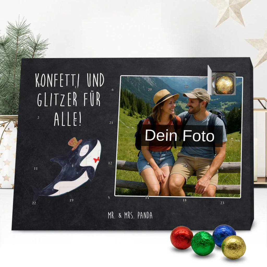 Personalisierter Schoko Foto Adventskalender Orca Zylinder Personalisierter Schoko Foto Adventskalender, Meerestiere, Urlaub, Meer, Glitter, Narwal, Glückwunsch, Geburtstag, Fest, Feier, Konfetti, Glitzer, Fete, Orca