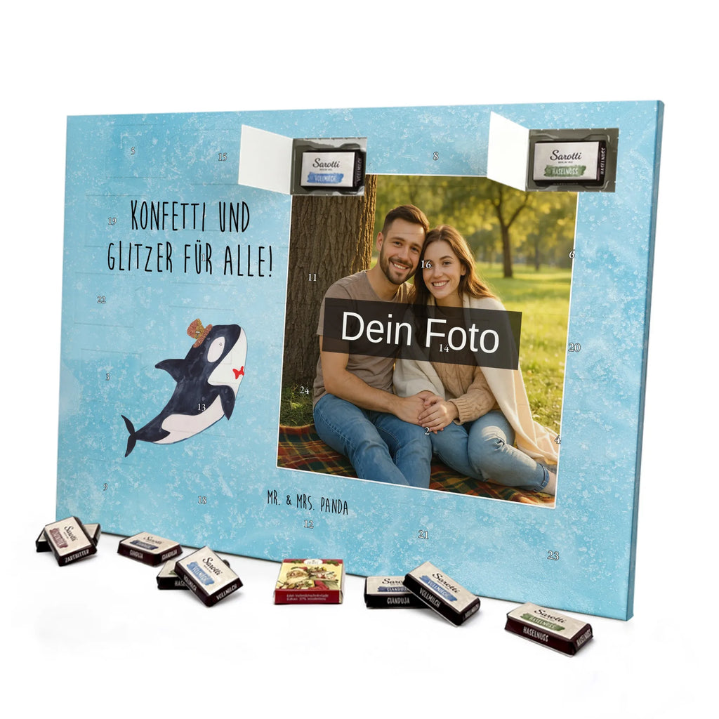 Personalisierter Schoko Foto Adventskalender Orca Zylinder Personalisierter Schoko Foto Adventskalender, Meerestiere, Urlaub, Meer, Glitter, Narwal, Glückwunsch, Geburtstag, Fest, Feier, Konfetti, Glitzer, Fete, Orca