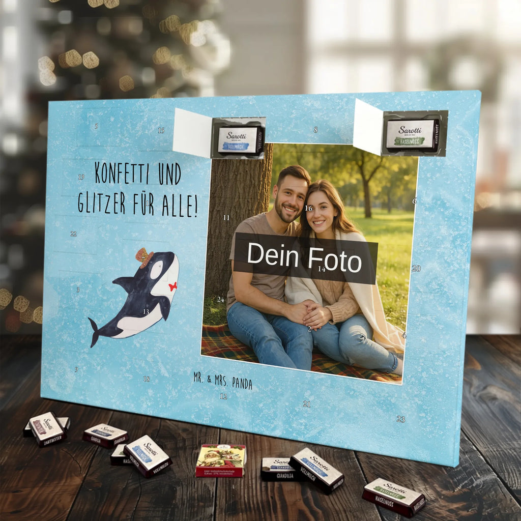 Personalisierter Schoko Foto Adventskalender Orca Zylinder Personalisierter Schoko Foto Adventskalender, Meerestiere, Urlaub, Meer, Glitter, Narwal, Glückwunsch, Geburtstag, Fest, Feier, Konfetti, Glitzer, Fete, Orca