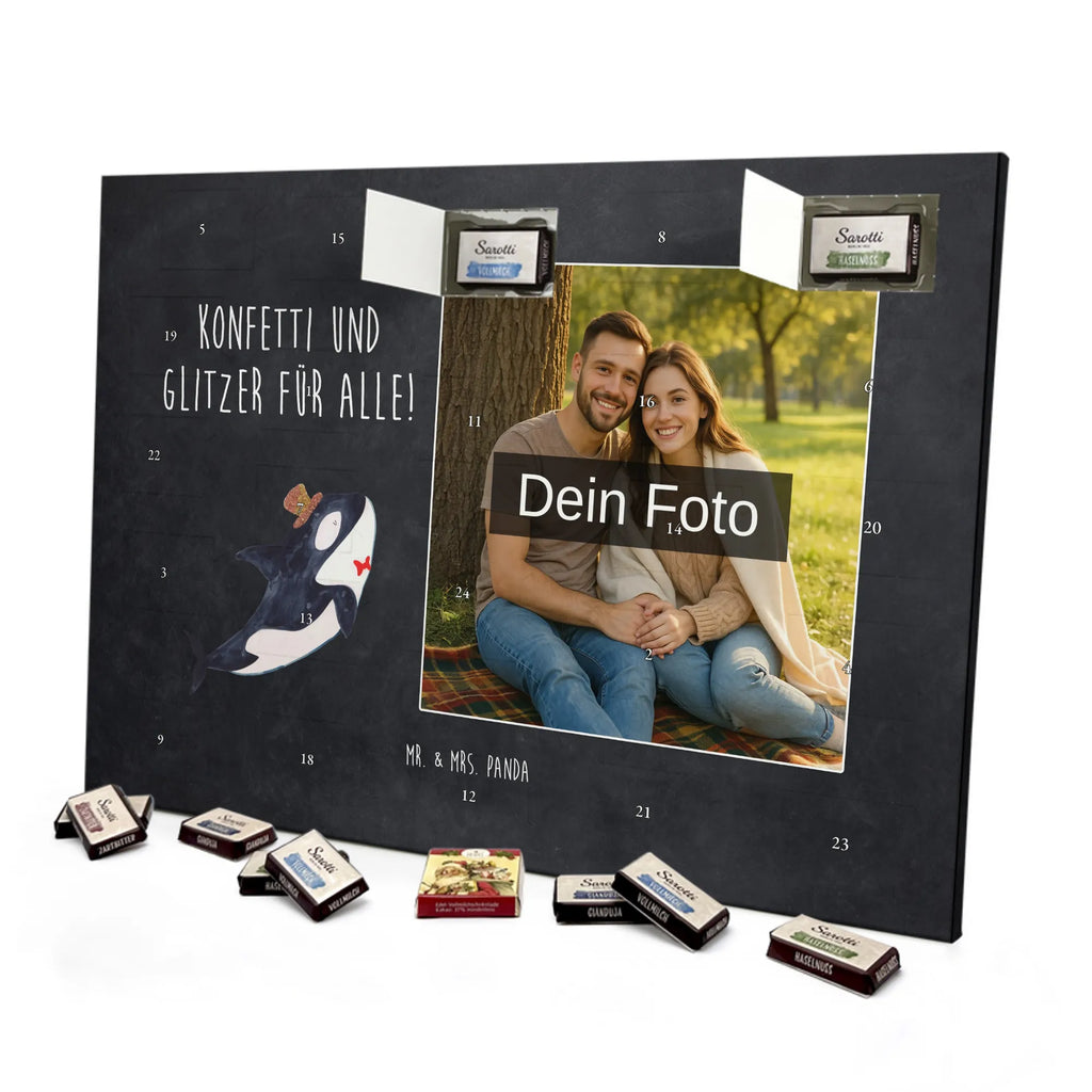 Personalisierter Schoko Foto Adventskalender Orca Zylinder Personalisierter Schoko Foto Adventskalender, Meerestiere, Urlaub, Meer, Glitter, Narwal, Glückwunsch, Geburtstag, Fest, Feier, Konfetti, Glitzer, Fete, Orca