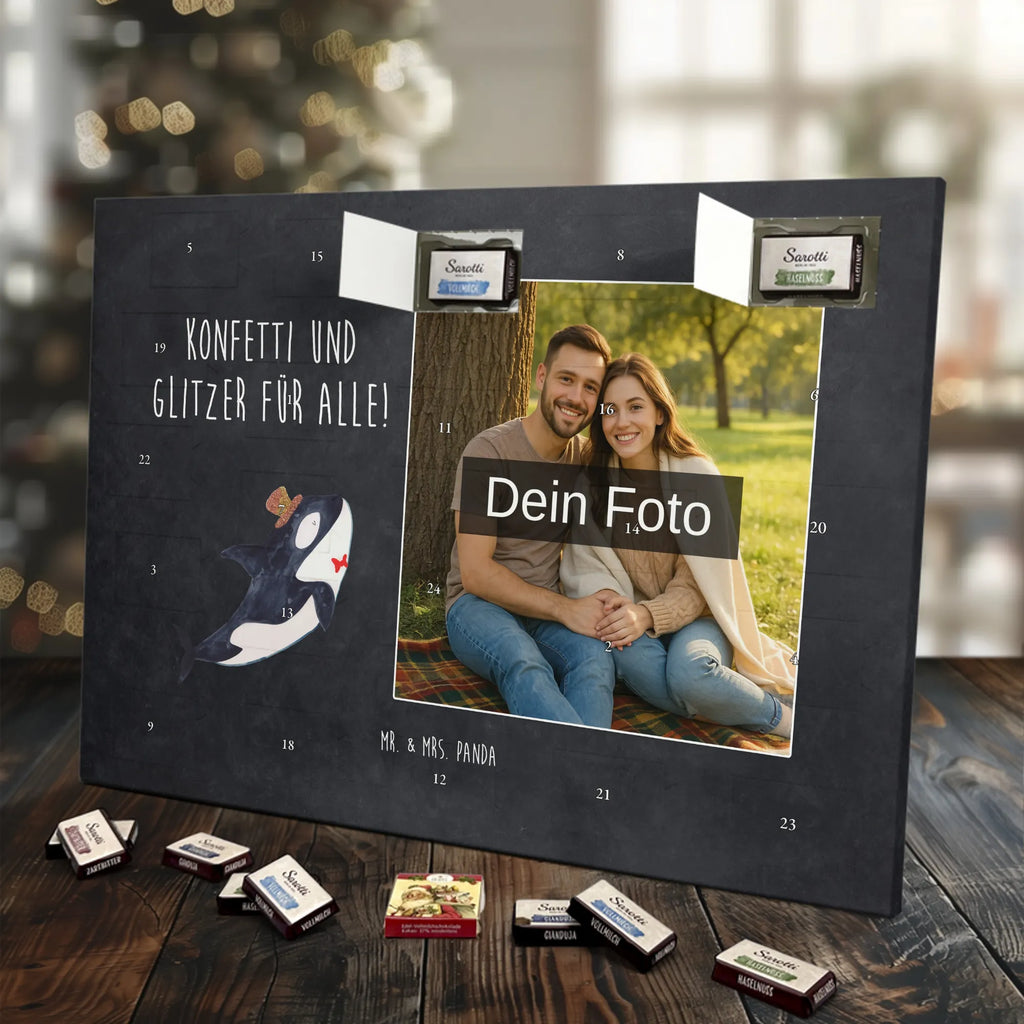 Personalisierter Schoko Foto Adventskalender Orca Zylinder Personalisierter Schoko Foto Adventskalender, Meerestiere, Urlaub, Meer, Glitter, Narwal, Glückwunsch, Geburtstag, Fest, Feier, Konfetti, Glitzer, Fete, Orca