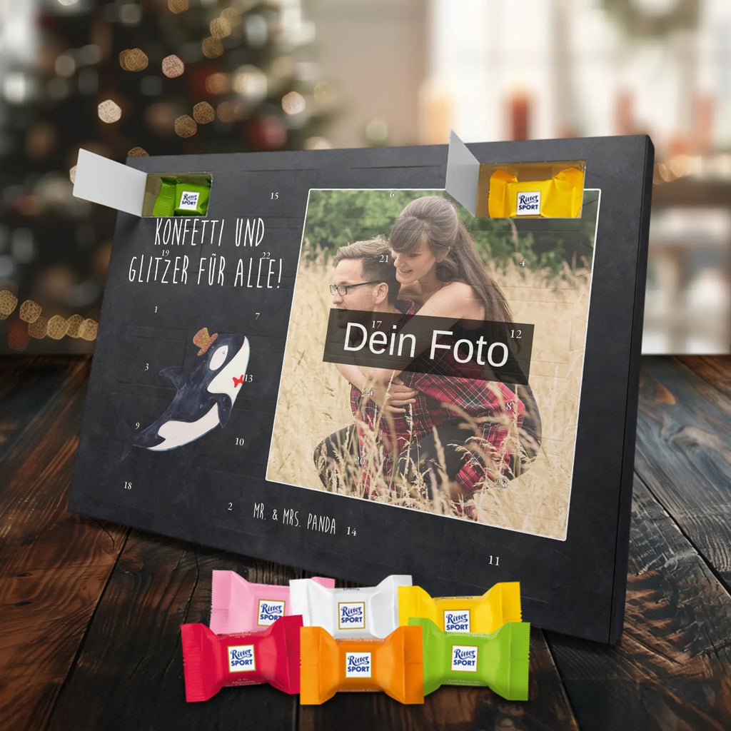 Personalisierter Schoko Foto Adventskalender Orca Zylinder Personalisierter Schoko Foto Adventskalender, Meerestiere, Urlaub, Meer, Glitter, Narwal, Glückwunsch, Geburtstag, Fest, Feier, Konfetti, Glitzer, Fete, Orca