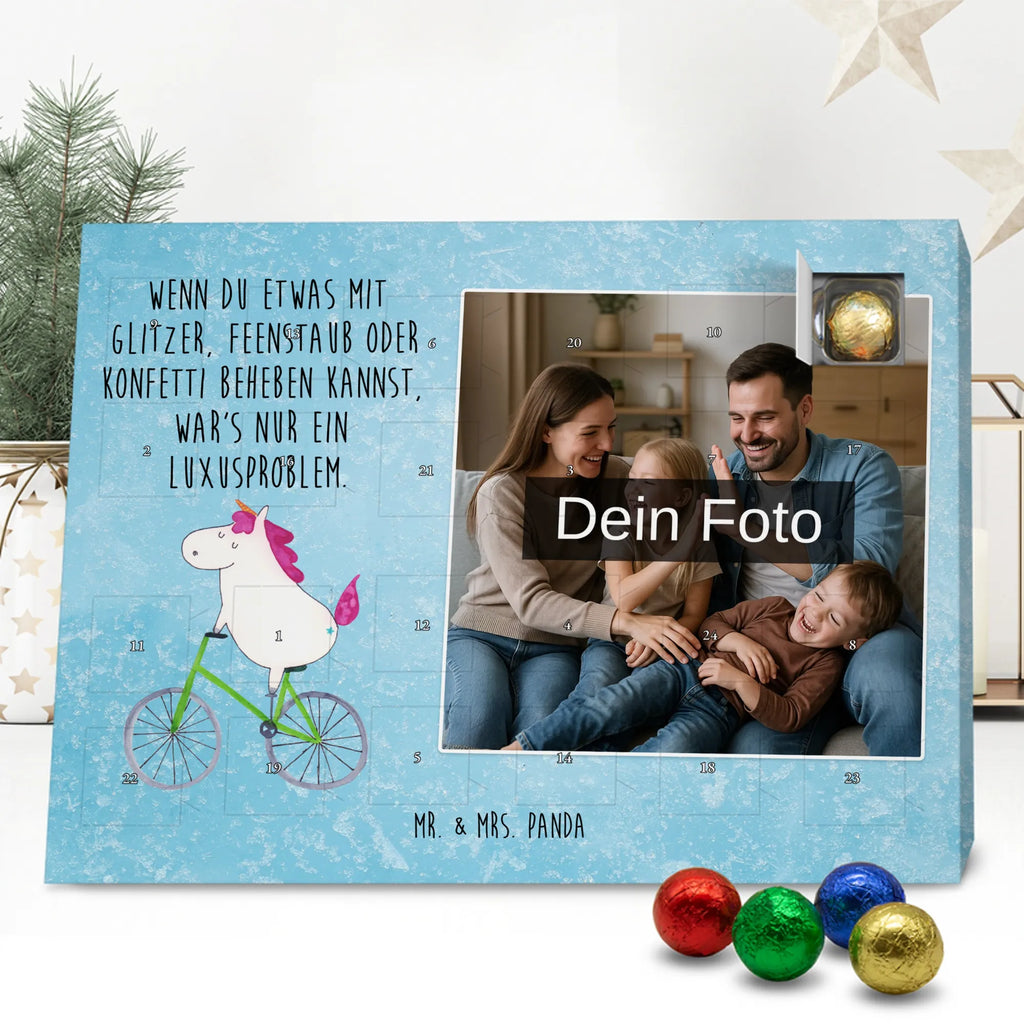 Personalisierter Schoko Foto Adventskalender Einhorn Radfahrer Personalisierter Schoko Foto Adventskalender, Unicorn, Einhorn, Einhörner, Einhorn Deko, Liebeskummer, Luxusproblem, Kummer, Radfahrer, Konfetti, Radfahren, Bike, Feenstaub, Rad