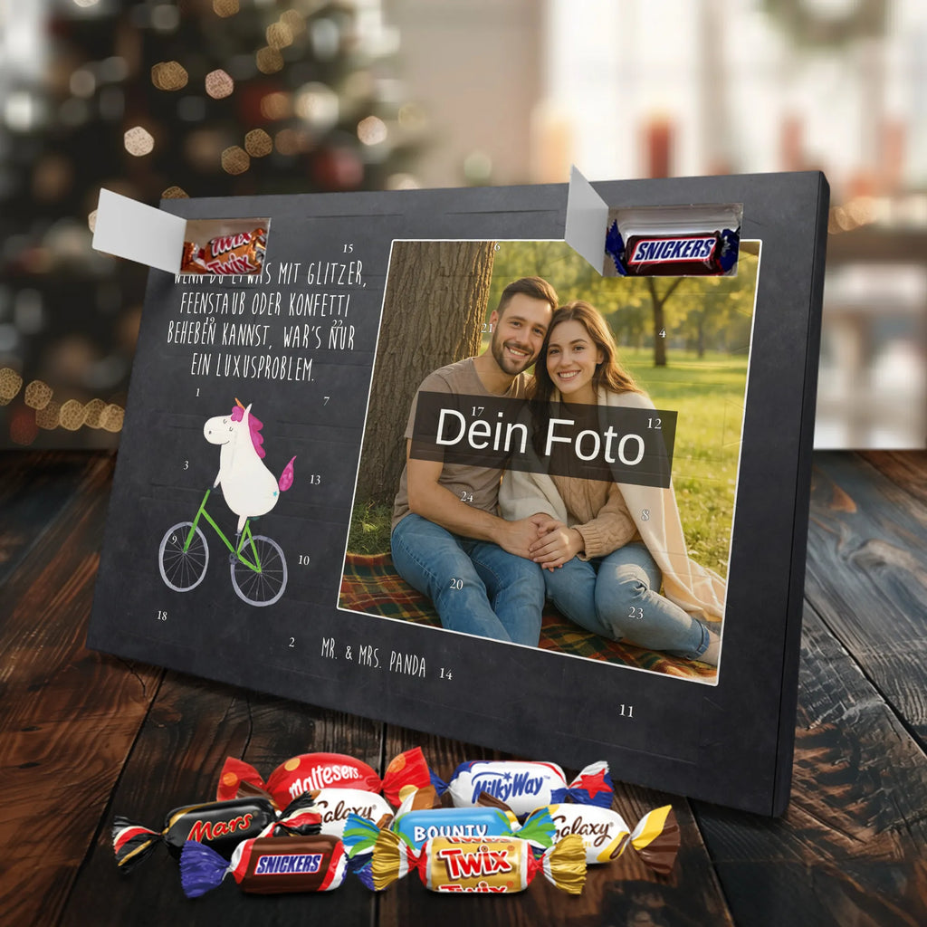 Personalisierter Schoko Foto Adventskalender Einhorn Radfahrer Personalisierter Schoko Foto Adventskalender, Unicorn, Einhorn, Einhörner, Einhorn Deko, Liebeskummer, Luxusproblem, Kummer, Radfahrer, Konfetti, Radfahren, Bike, Feenstaub, Rad