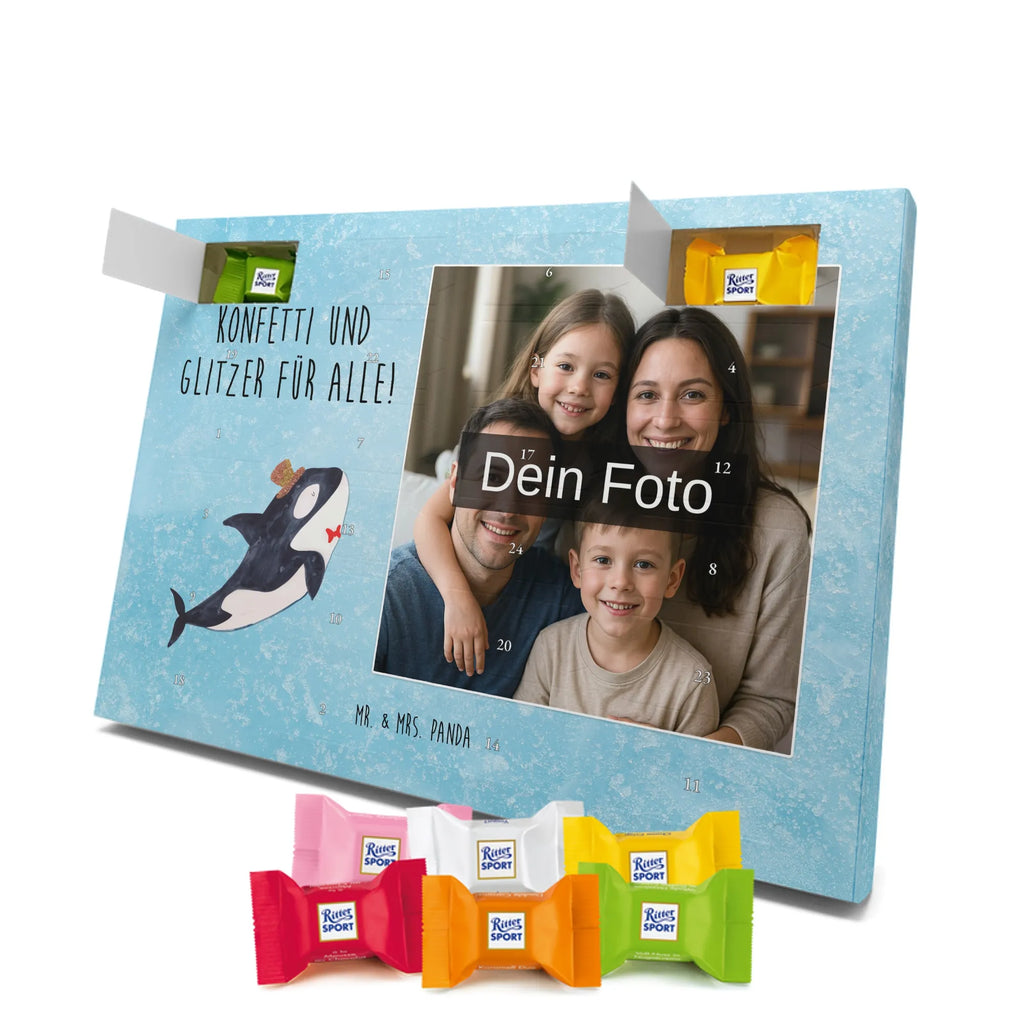 Personalisierter Schoko Foto Adventskalender Orca Zylinder Personalisierter Schoko Foto Adventskalender, Meerestiere, Urlaub, Meer, Glitter, Narwal, Glückwunsch, Geburtstag, Fest, Feier, Konfetti, Glitzer, Fete, Orca