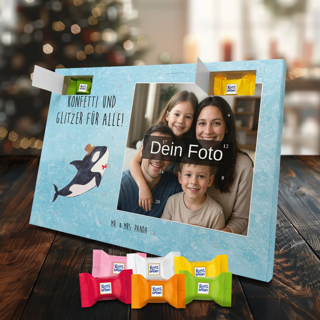 Personalisierter Schoko Foto Adventskalender Orca Zylinder Personalisierter Schoko Foto Adventskalender, Meerestiere, Urlaub, Meer, Glitter, Narwal, Glückwunsch, Geburtstag, Fest, Feier, Konfetti, Glitzer, Fete, Orca