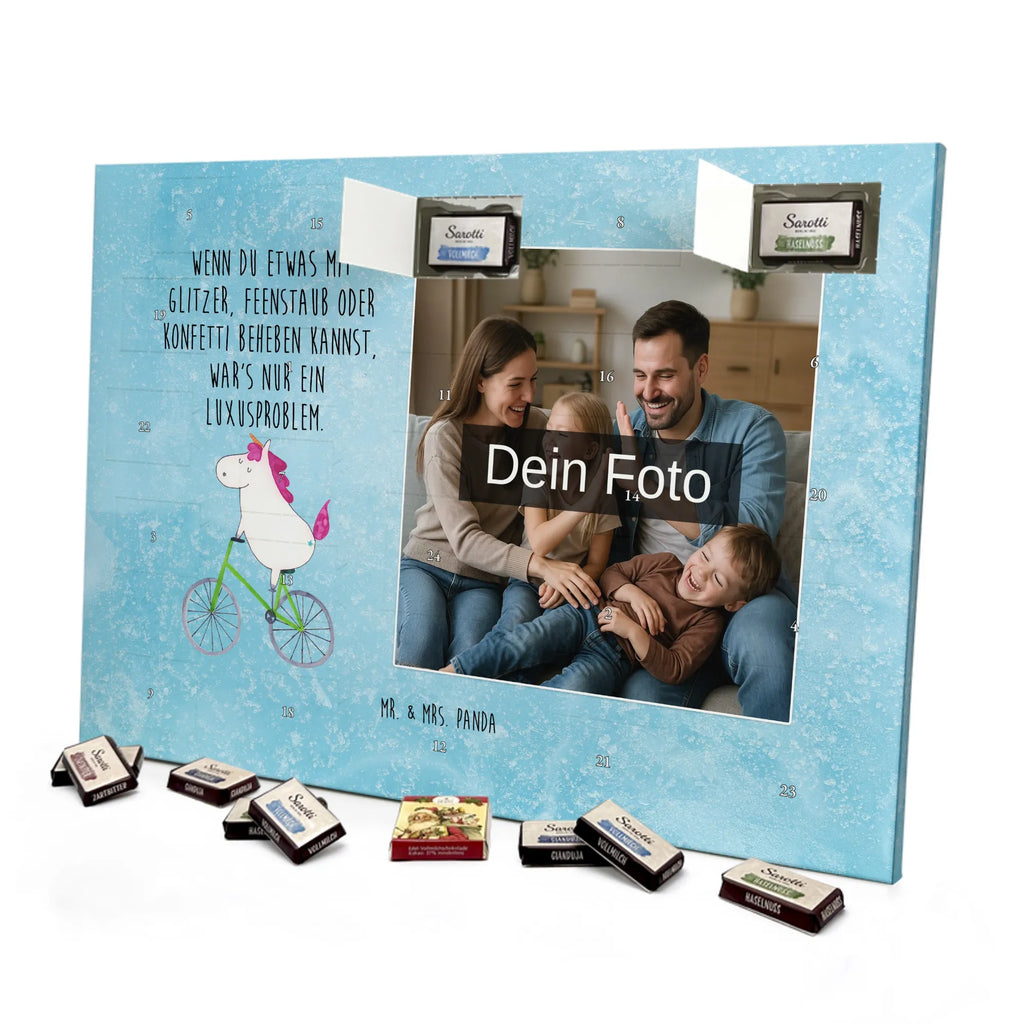 Personalisierter Schoko Foto Adventskalender Einhorn Radfahrer Personalisierter Schoko Foto Adventskalender, Unicorn, Einhorn, Einhörner, Einhorn Deko, Liebeskummer, Luxusproblem, Kummer, Radfahrer, Konfetti, Radfahren, Bike, Feenstaub, Rad