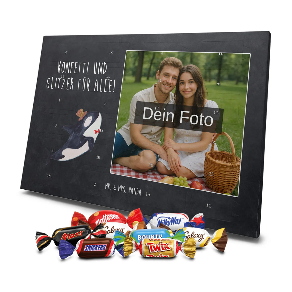 Personalisierter Schoko Foto Adventskalender Orca Zylinder Personalisierter Schoko Foto Adventskalender, Meerestiere, Urlaub, Meer, Glitter, Narwal, Glückwunsch, Geburtstag, Fest, Feier, Konfetti, Glitzer, Fete, Orca