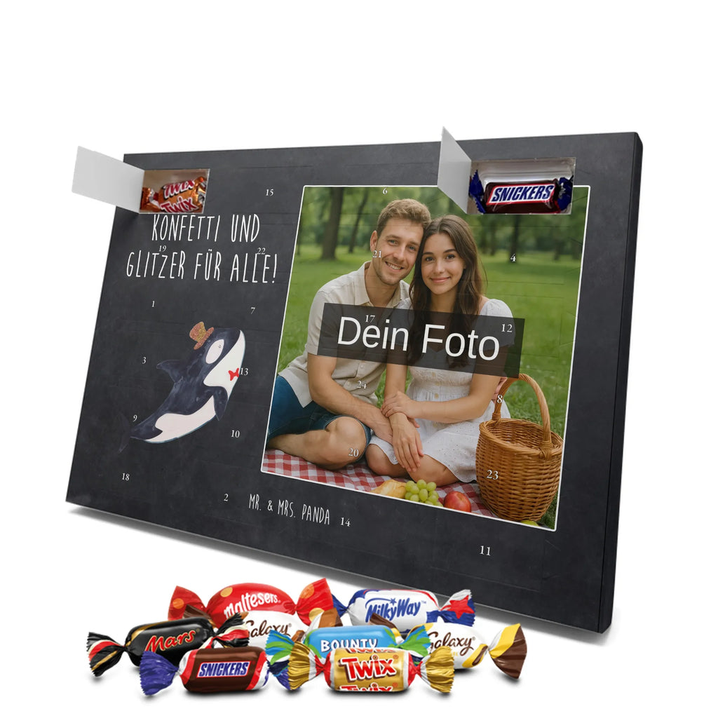 Personalisierter Schoko Foto Adventskalender Orca Zylinder Personalisierter Schoko Foto Adventskalender, Meerestiere, Urlaub, Meer, Glitter, Narwal, Glückwunsch, Geburtstag, Fest, Feier, Konfetti, Glitzer, Fete, Orca