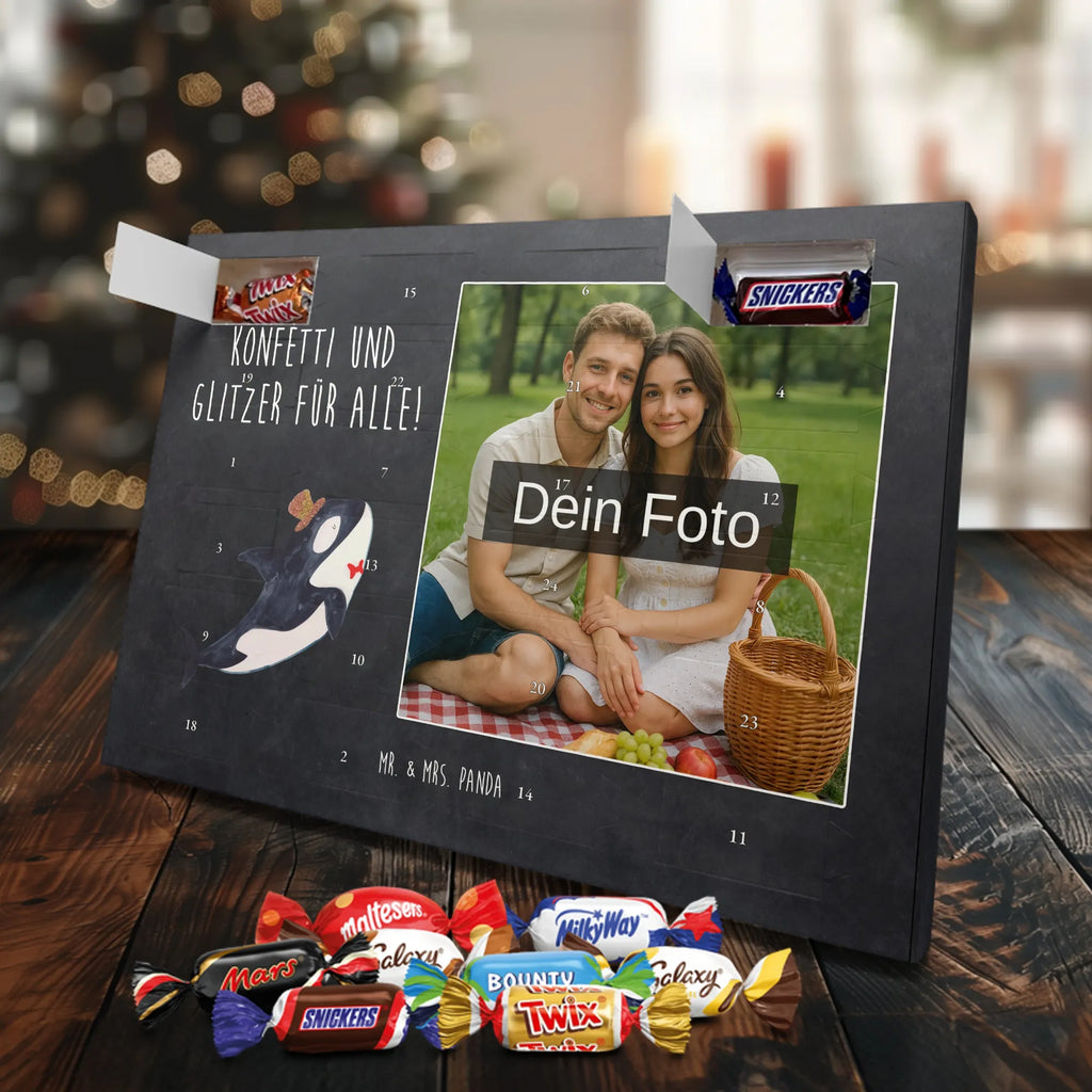 Personalisierter Schoko Foto Adventskalender Orca Zylinder Personalisierter Schoko Foto Adventskalender, Meerestiere, Urlaub, Meer, Glitter, Narwal, Glückwunsch, Geburtstag, Fest, Feier, Konfetti, Glitzer, Fete, Orca