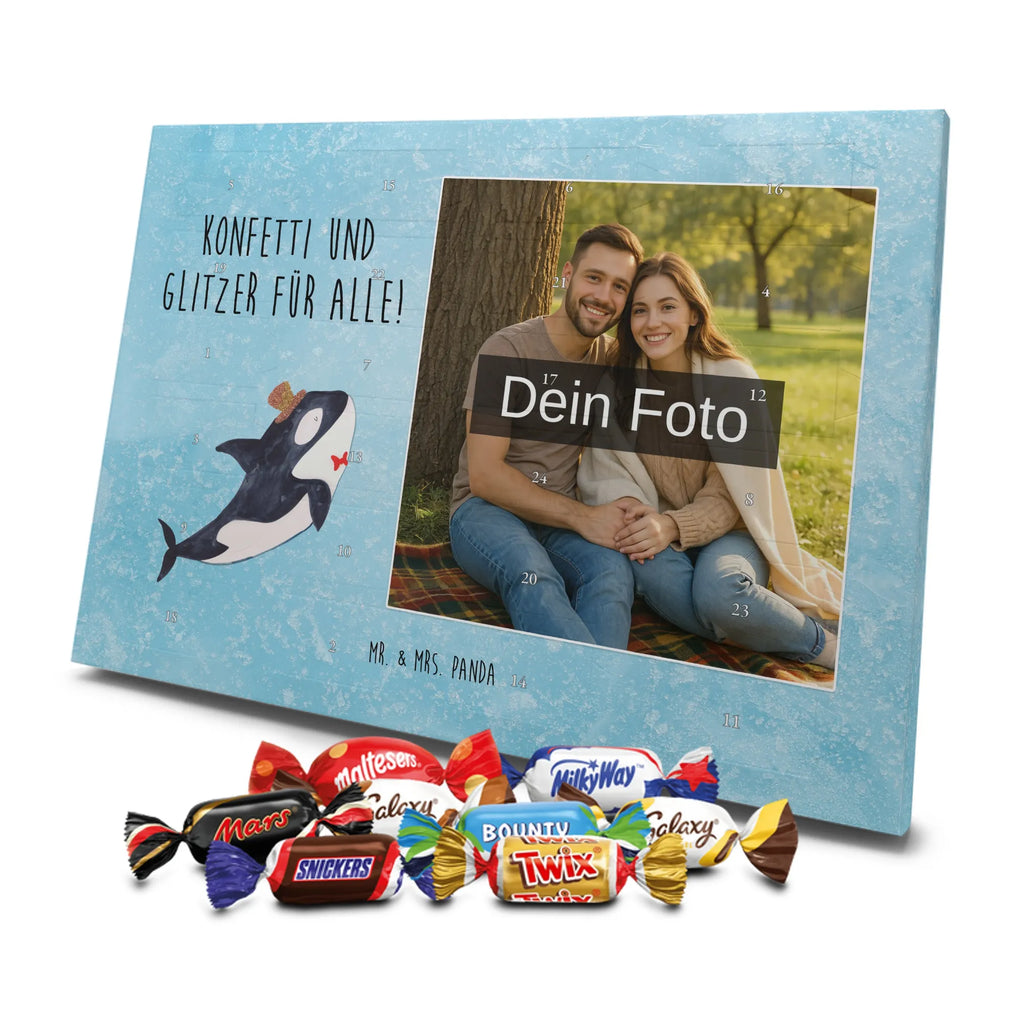 Personalisierter Schoko Foto Adventskalender Orca Zylinder Personalisierter Schoko Foto Adventskalender, Meerestiere, Urlaub, Meer, Glitter, Narwal, Glückwunsch, Geburtstag, Fest, Feier, Konfetti, Glitzer, Fete, Orca