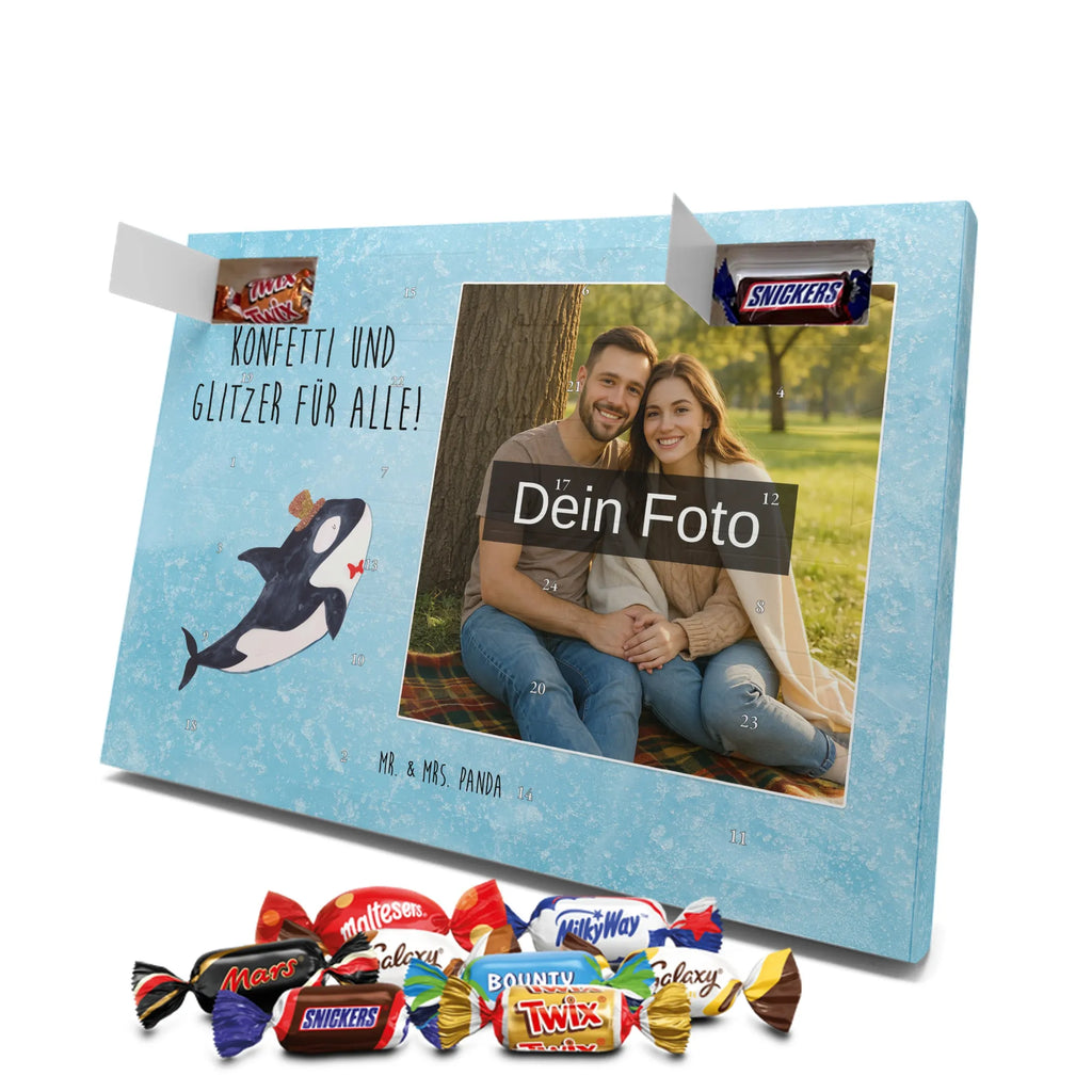 Personalisierter Schoko Foto Adventskalender Orca Zylinder Personalisierter Schoko Foto Adventskalender, Meerestiere, Urlaub, Meer, Glitter, Narwal, Glückwunsch, Geburtstag, Fest, Feier, Konfetti, Glitzer, Fete, Orca