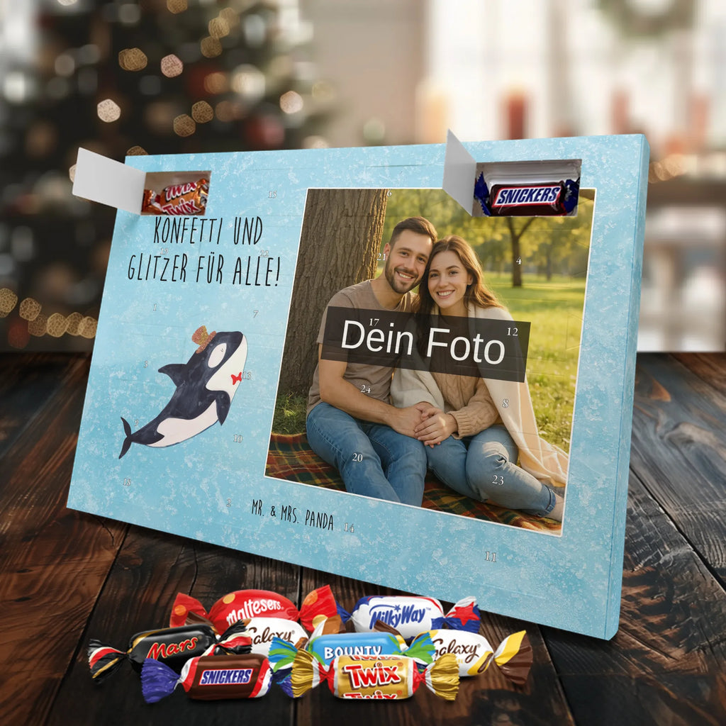Personalisierter Schoko Foto Adventskalender Orca Zylinder Personalisierter Schoko Foto Adventskalender, Meerestiere, Urlaub, Meer, Glitter, Narwal, Glückwunsch, Geburtstag, Fest, Feier, Konfetti, Glitzer, Fete, Orca