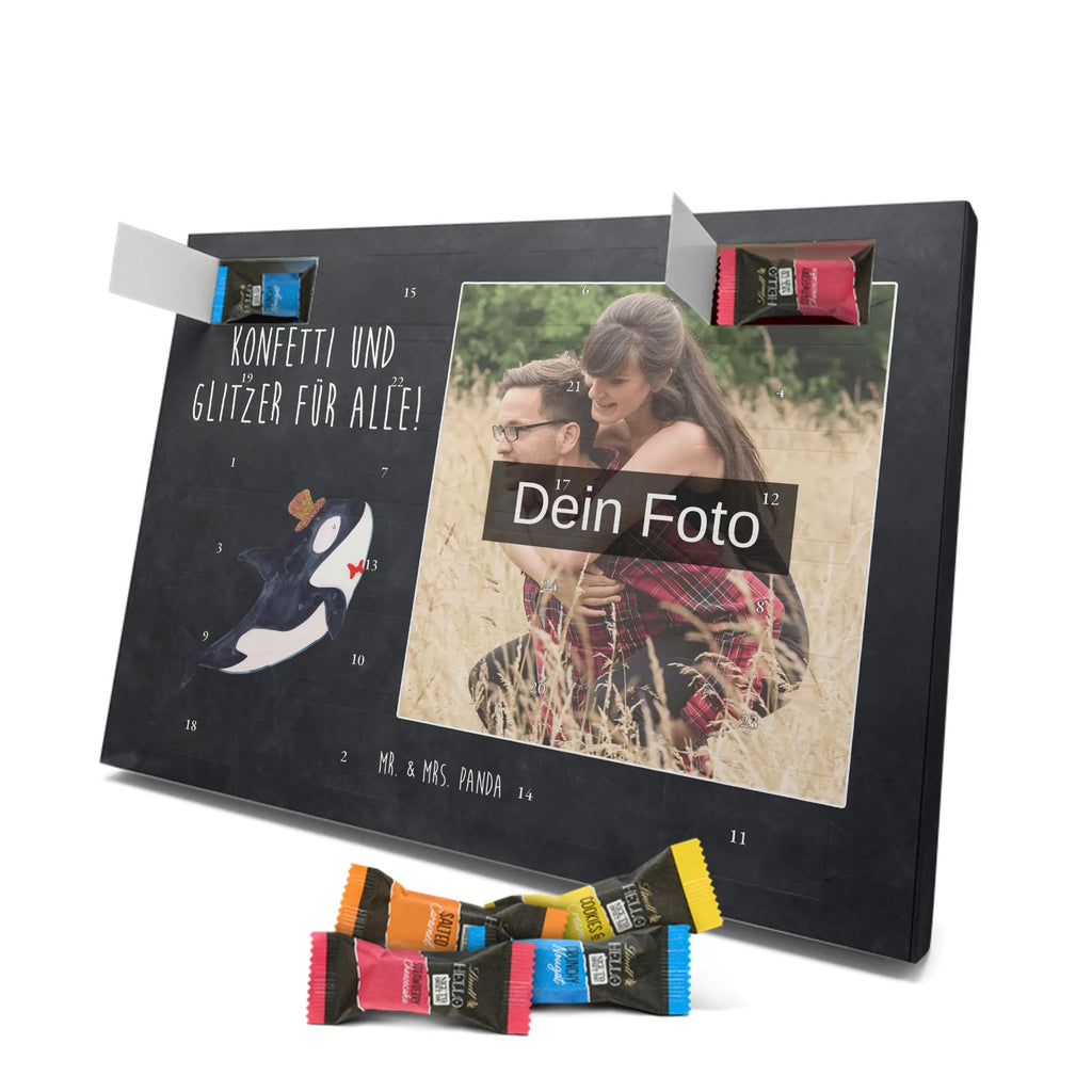 Personalisierter Schoko Foto Adventskalender Orca Zylinder Personalisierter Schoko Foto Adventskalender, Meerestiere, Urlaub, Meer, Glitter, Narwal, Glückwunsch, Geburtstag, Fest, Feier, Konfetti, Glitzer, Fete, Orca