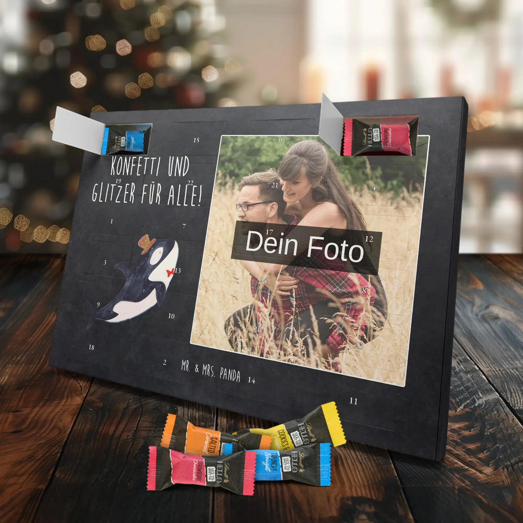 Personalisierter Schoko Foto Adventskalender Orca Zylinder Personalisierter Schoko Foto Adventskalender, Meerestiere, Urlaub, Meer, Glitter, Narwal, Glückwunsch, Geburtstag, Fest, Feier, Konfetti, Glitzer, Fete, Orca