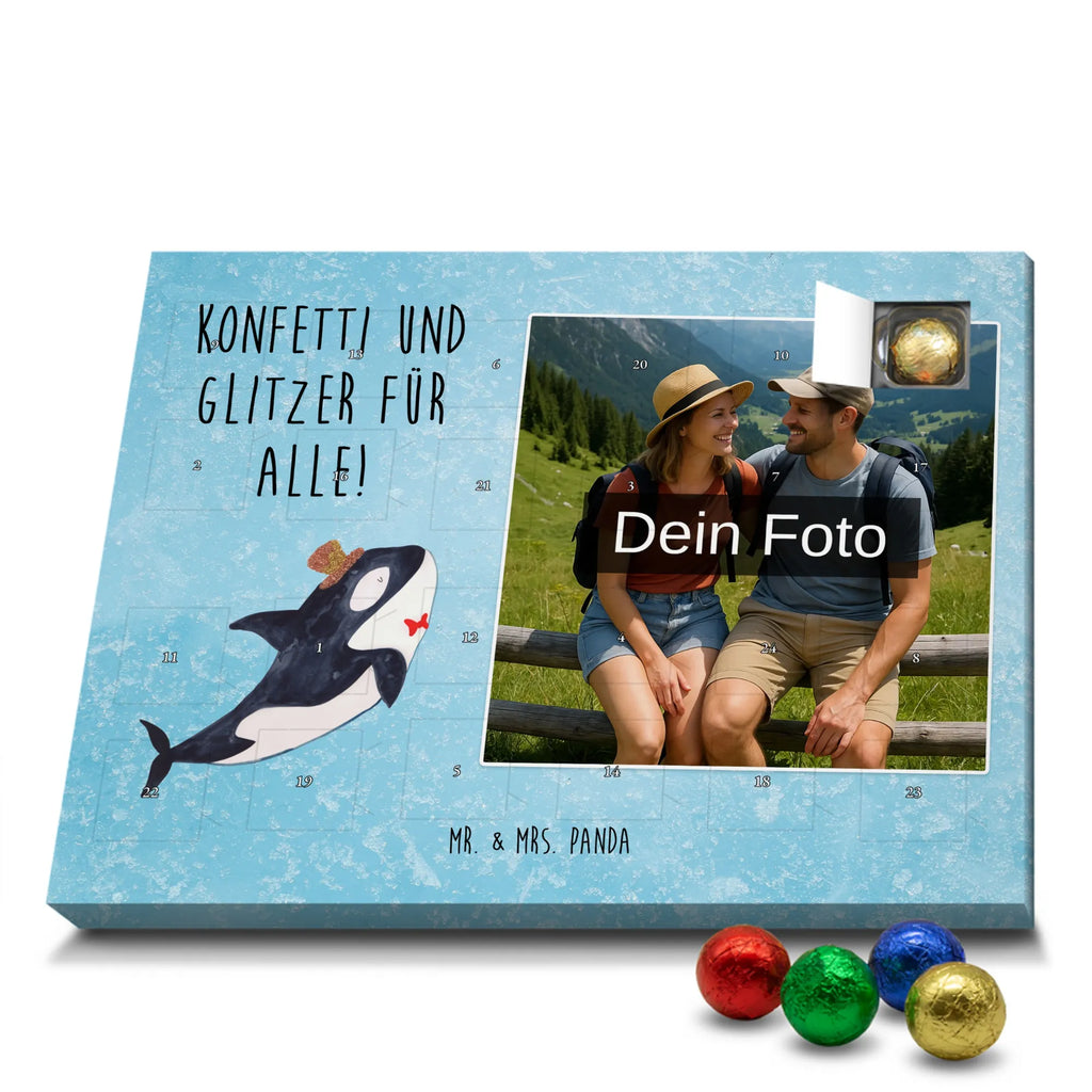 Personalisierter Schoko Foto Adventskalender Orca Zylinder Personalisierter Schoko Foto Adventskalender, Meerestiere, Urlaub, Meer, Glitter, Narwal, Glückwunsch, Geburtstag, Fest, Feier, Konfetti, Glitzer, Fete, Orca