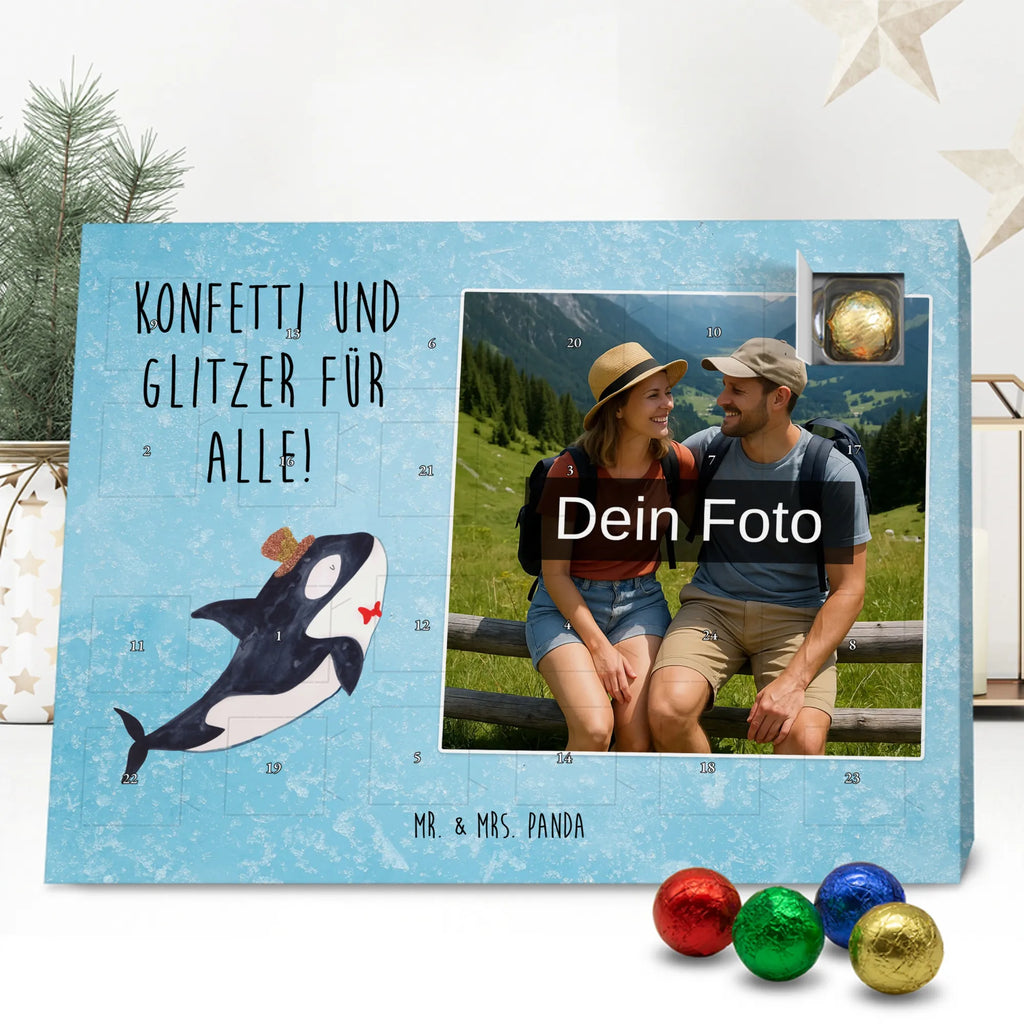 Personalisierter Schoko Foto Adventskalender Orca Zylinder Personalisierter Schoko Foto Adventskalender, Meerestiere, Urlaub, Meer, Glitter, Narwal, Glückwunsch, Geburtstag, Fest, Feier, Konfetti, Glitzer, Fete, Orca