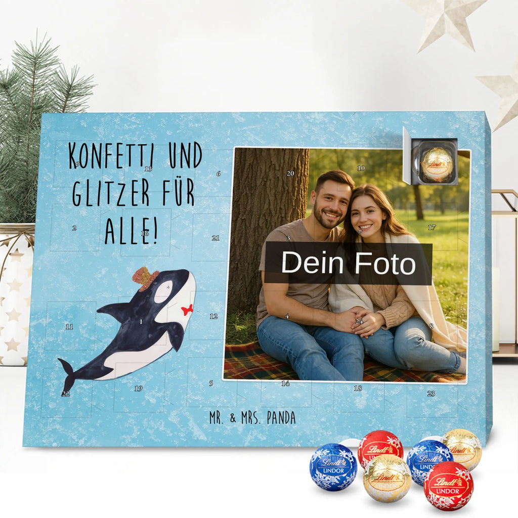 Personalisierter Schoko Foto Adventskalender Orca Zylinder Personalisierter Schoko Foto Adventskalender, Meerestiere, Urlaub, Meer, Glitter, Narwal, Glückwunsch, Geburtstag, Fest, Feier, Konfetti, Glitzer, Fete, Orca