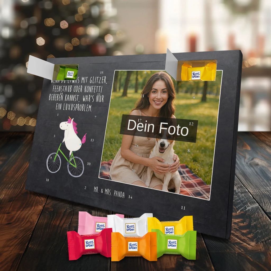 Personalisierter Schoko Foto Adventskalender Einhorn Radfahrer Personalisierter Schoko Foto Adventskalender, Unicorn, Einhorn, Einhörner, Einhorn Deko, Liebeskummer, Luxusproblem, Kummer, Radfahrer, Konfetti, Radfahren, Bike, Feenstaub, Rad