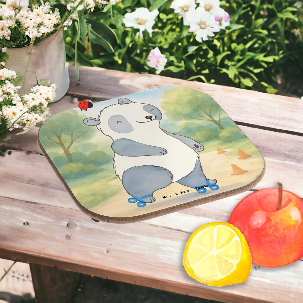 Square coaster panda roller blading Design Gift, giving, thank you, award, profit, athlete, Inline skating, roller blading, roller skating
