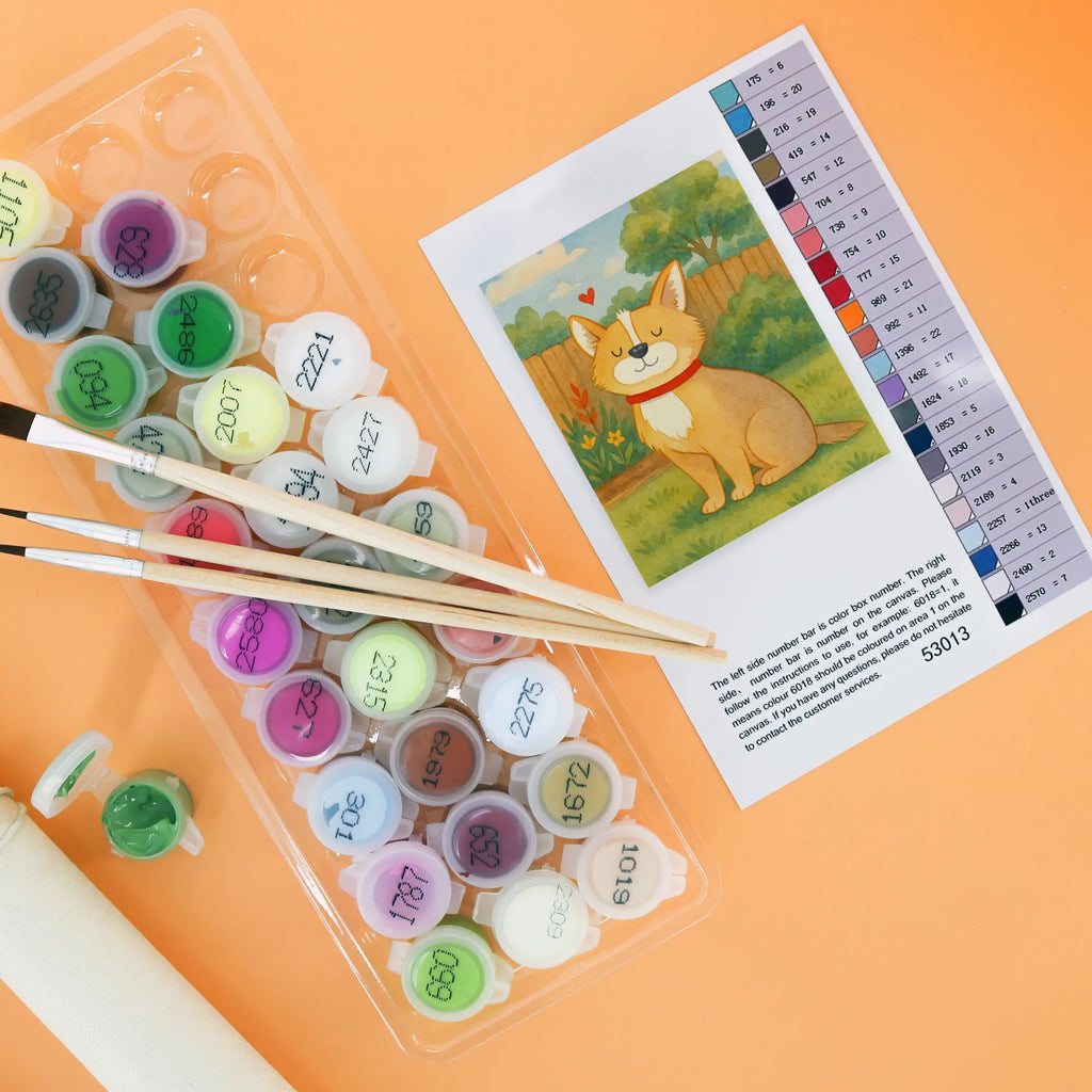 Malen nach Zahlen Hund Glück Design malset, diy set, kreativ set, Malen nach Zahlen, malen nach zahlen set, leinwand malset, zahlenbilder, Hund, Tierliebhaber, Haustier, Hundemotiv, Sprüche, Hunderasse, Hundebesitzer, Corgie, Spruch, Hundeliebe, Liebe, Hundemama