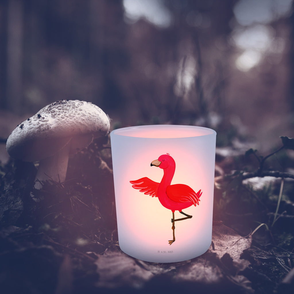 Windlicht Flamingo Yoga Windlicht Glas, Teelichtglas, Teelichthalter, Teelichter, Kerzenglas, Windlicht Kerze, Kerzenlicht, Flamingo, Vogel, Yoga, Namaste, Achtsamkeit, Yoga-Übung, Entspannung, Ärger, Aufregen, Tiefenentspannung