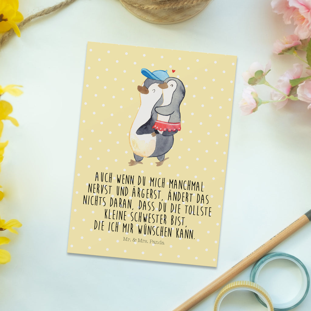 Postkarte Pinguin Kleine Schwester Geschenkkarte, Grußkarte, Karte, Einladung, Ansichtskarte, Geburtstagskarte, Einladungskarte, Dankeskarte, Familie, Vatertag, Muttertag, Bruder, Schwester, Mama, Papa, Oma, Opa