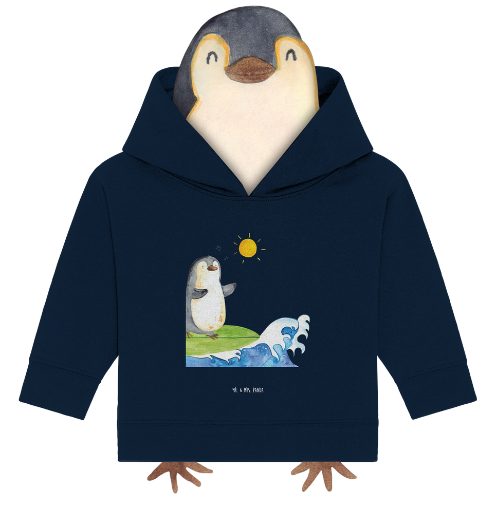 Organic Baby Hoodie Pinguin Surfer Baby Kapuzenshirt, Baby Kapuzensweatshirt, Baby Hoodie, Baby Pullover, Pinguin, Pinguine, surfen, Surfer, Hawaii, Urlaub, Wellen, Wellen reiten, Portugal