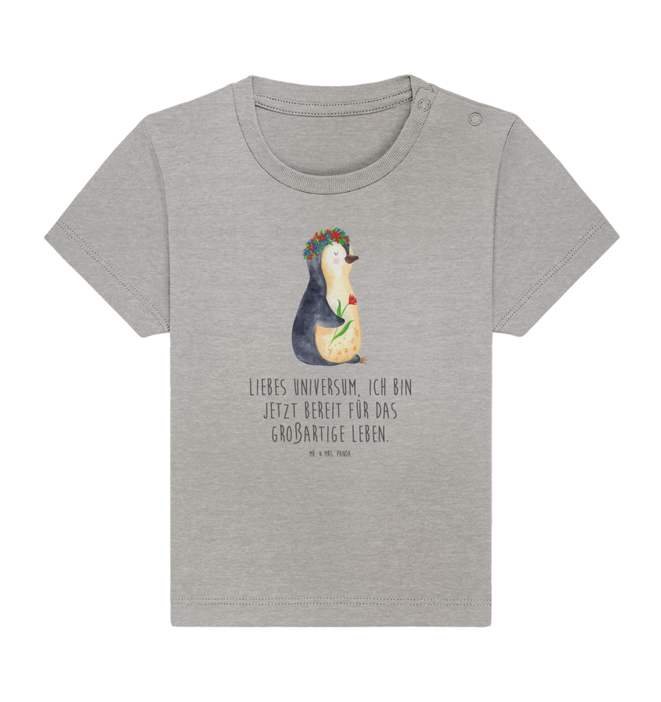 Organic Baby Shirt Pinguin Blumenkranz Baby T-Shirt, Jungen Baby T-Shirt, Mädchen Baby T-Shirt, Shirt, Pinguin, Pinguine, Blumenkranz, Universum, Leben, Wünsche, Ziele, Lebensziele, Motivation, Lebenslust, Liebeskummer, Geschenkidee