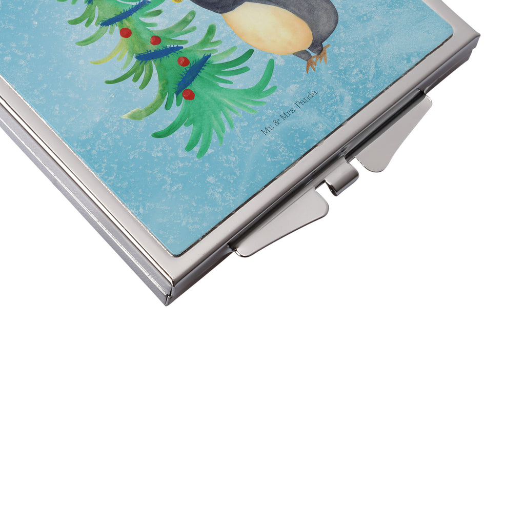 Handtaschenspiegel quadratisch Pinguin Weihnachtsbaum Spiegel, Handtasche, Quadrat, silber, schminken, Schminkspiegel, Winter, Weihnachten, Weihnachtsdeko, Nikolaus, Advent, Heiligabend, Wintermotiv, Pinguin