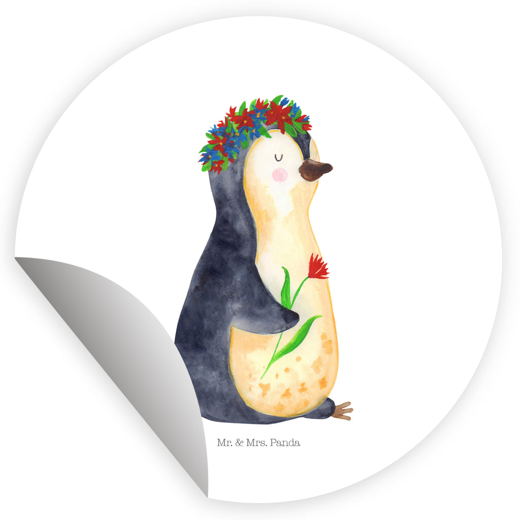 Rund Aufkleber Pinguin Blumenkranz Sticker, Aufkleber, Etikett, Pinguin, Pinguine, Blumenkranz, Universum, Leben, Wünsche, Ziele, Lebensziele, Motivation, Lebenslust, Liebeskummer, Geschenkidee