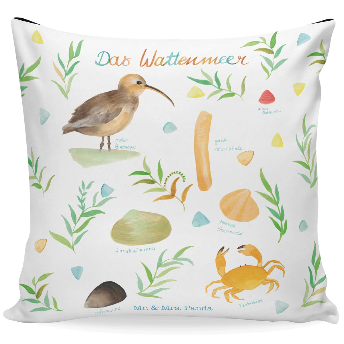 Cushion Wadden Sea bedroom, 40 x 40, couch, 40x40, bed, Pillow, cushion, pillow case, fluffy, pillows, pad, sofa, settee, soft, Nature, joy of life, love, Nature Motif, Decoration Bathroom, North Sea, Baltic Sea, Shell, Birds, Wadden Sea, Ebb, Flood, Gift Maritime, Sea, Lake
